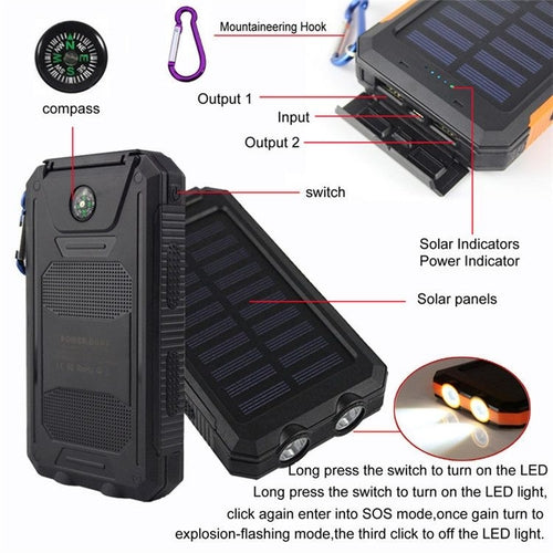 10000mAh Portable Fast Charging Power Bank 2USB Solar Charging with